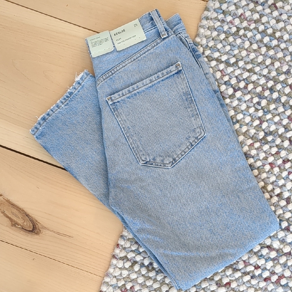 Agolde Light Blue Denim Jeans, Riley High Rise Straight Crop